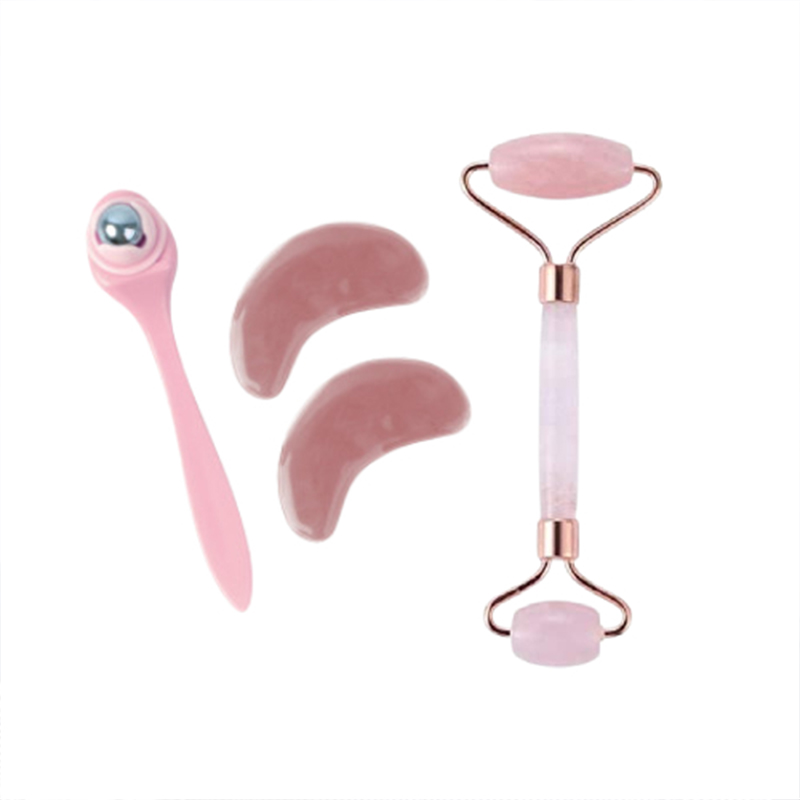 Butterfly Facial Massage Natural Rose Pink Crystal Quartz Roller Double Head Jade Stone + Butterfly Eye Massage & Beauty Set (Eye Massage Roller + Eye Pads) Pink